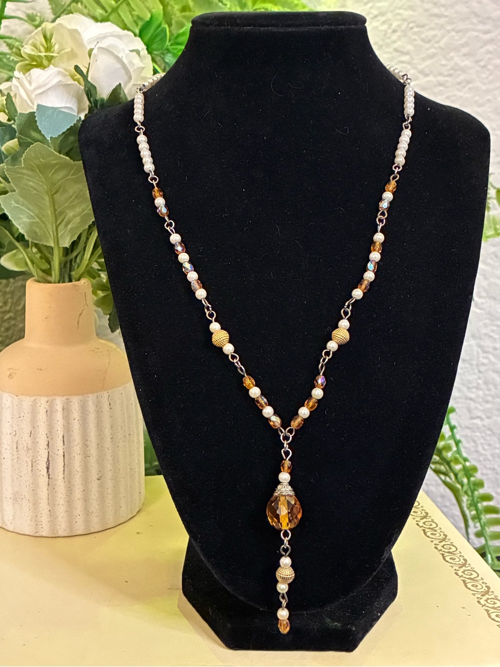 Amber Crystal Y-Necklace with Pearlescent Accents - Women Jewelry